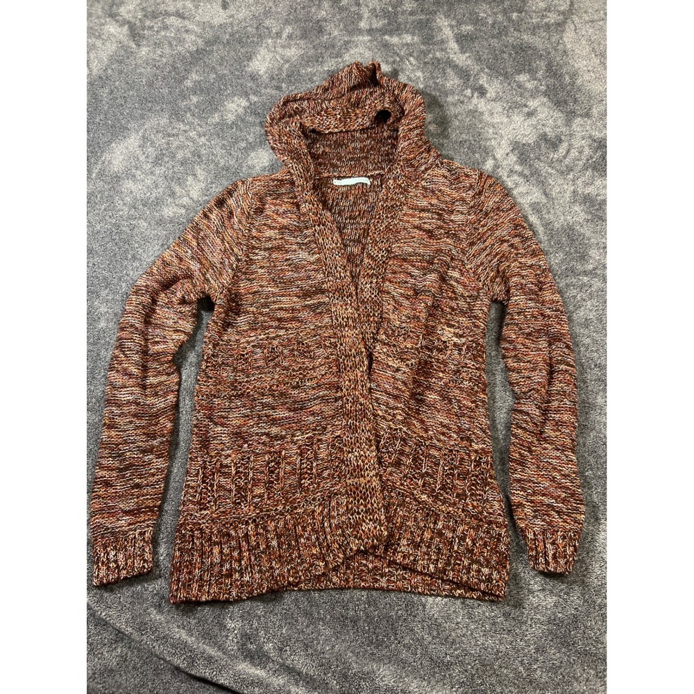 Maurices Womens Medium Brown Orange Space Dye Hooded Open Front Cardigan Sweater